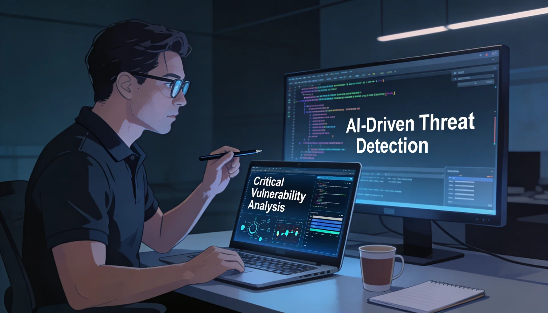 Profesional de ciberseguridad analizando vulnerabilidades críticas con IA y certificación CEH v13.
