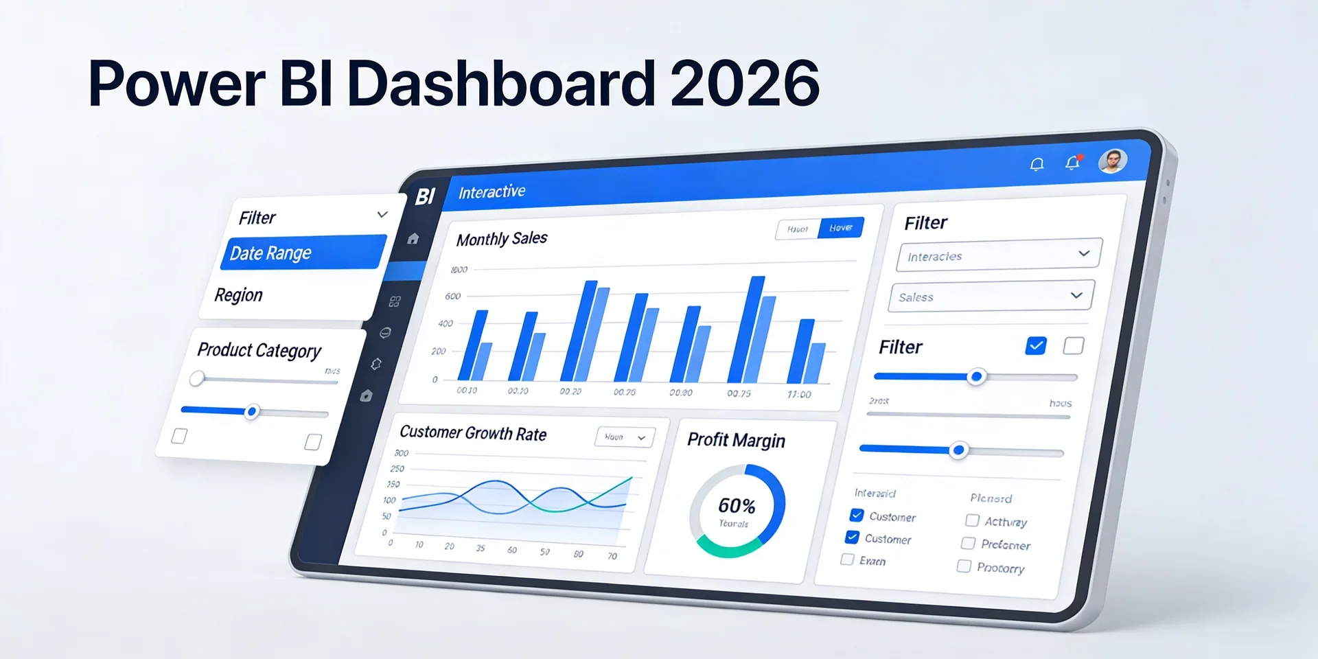 Interfaz técnica de un dashboard de Power BI 2026 con métricas de visualización de datos avanzada.