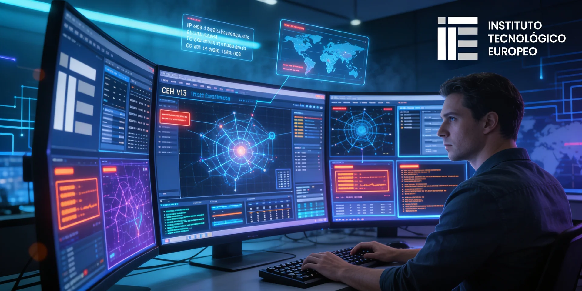 Especialista analizando vectores de ataque mediante Ciberseguridad CEH v13 y herramientas de IA generativa.