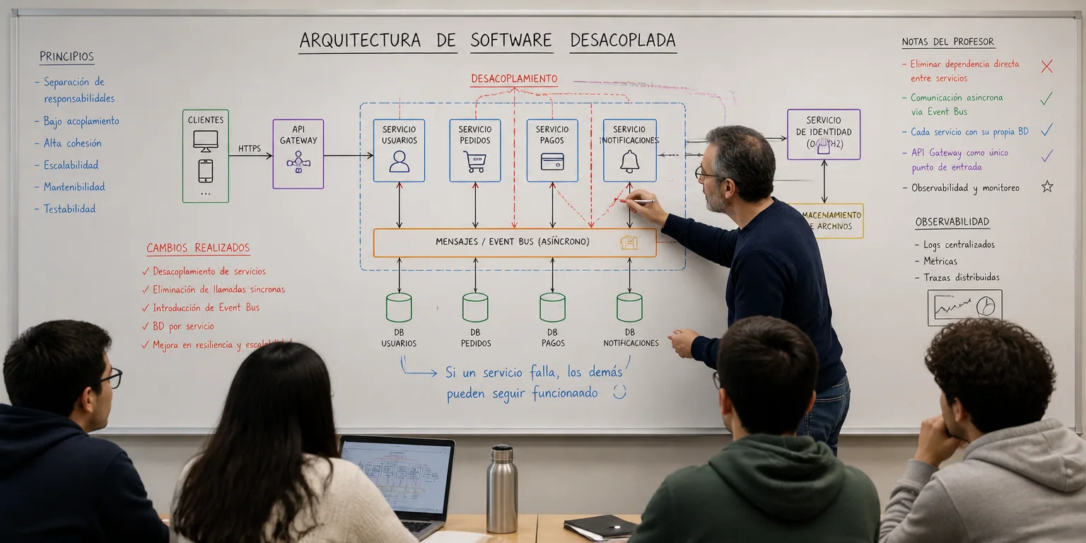 Diagrama de arquitectura de software desacoplada ilustrando el proceso de testing QA en microservicios avanzados.
