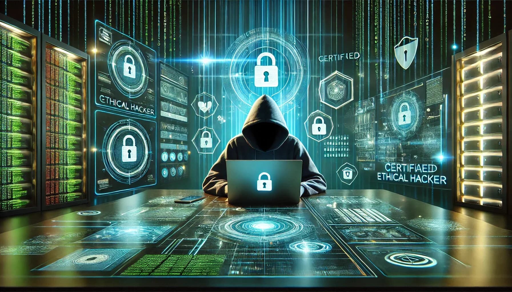Hacker ético trabajando en un entorno futurista con gráficos de ciberseguridad mientras estudia la certificacion CEH v13 y el texto Certified Ethical Hacker