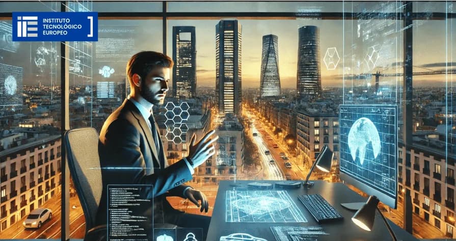 Un QA tester trabaja en la oficina de una multinacional en Madrid en el año 2030, rodeado de tecnología avanzada y pantallas holográficas mientras revisa software en un entorno futurista.