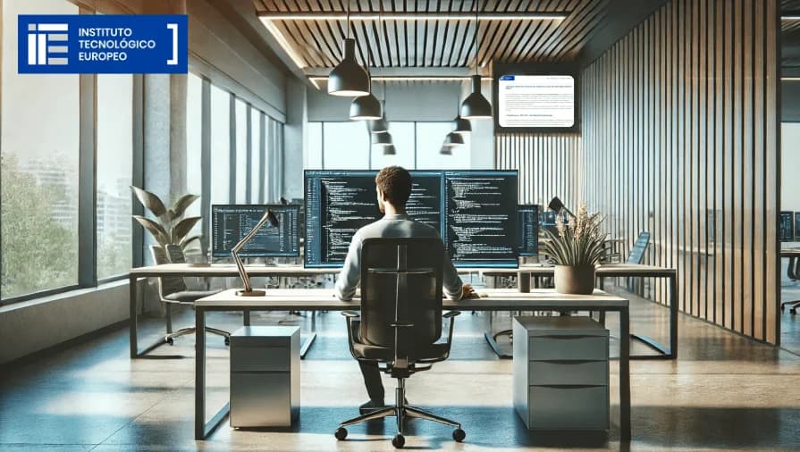 Un desarrollador trabajando en Testing QA en una oficina moderna frente a múltiples pantallas de computadora que muestran código y herramientas de programación. El entorno cuenta con muebles minimalistas, ventanas amplias con vista a edificios, y elementos decorativos como plantas y lámparas modernas.