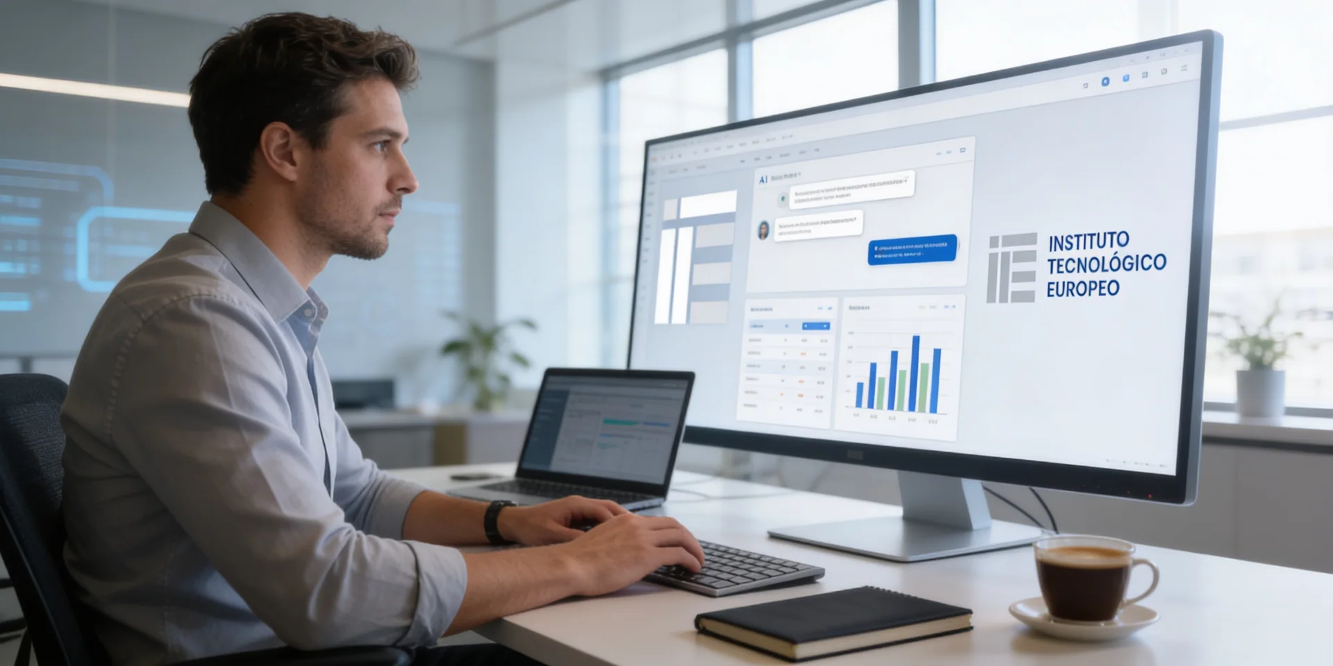 Profesional de oficina técnica utilizando software de IA para productividad en entorno corporativo moderno.