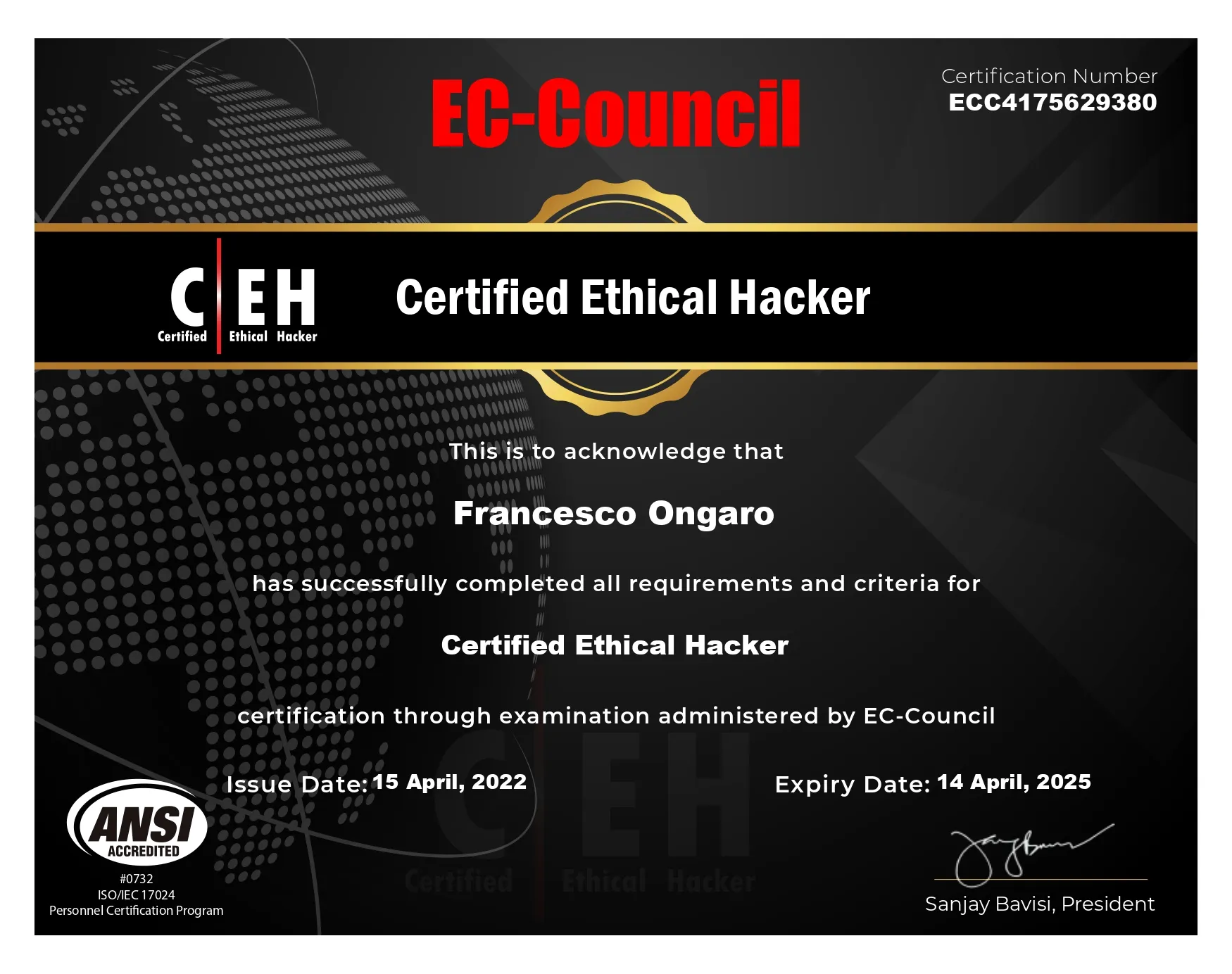 Certificado Certified Ethical Hacker de EC-Council