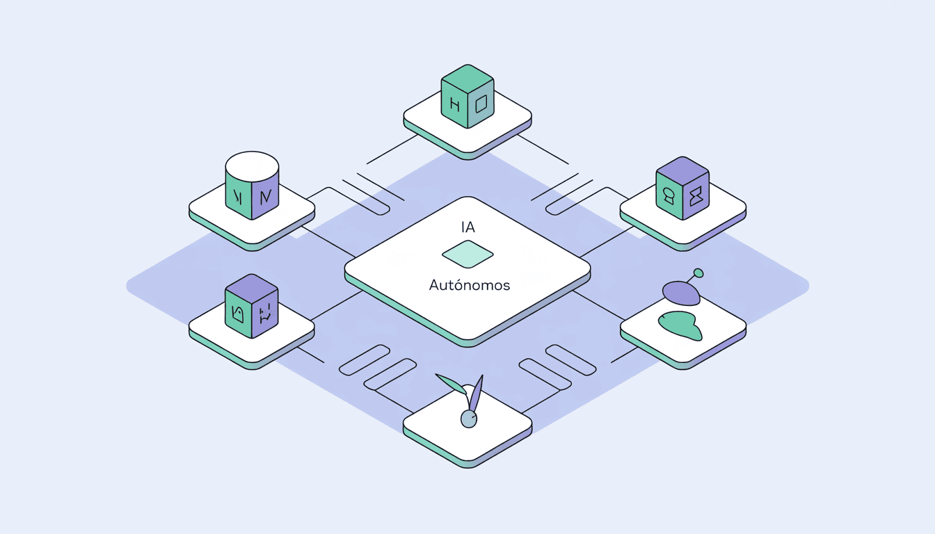 Diagrama de arquitectura de agentes de IA autónomos integrados con n8n y Make para productividad