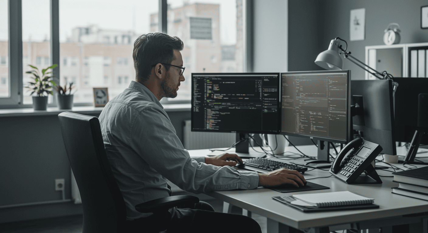 Ingeniero de calidad supervisando algoritmos de IA generativa en el testing QA de software empresarial.