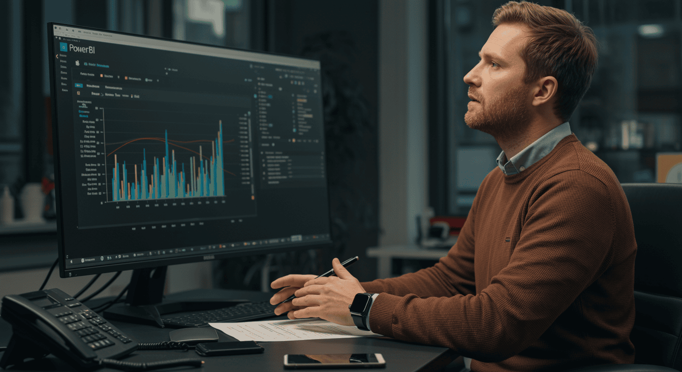 Interfaz de dashboard interactivo de Microsoft y texto sobre qué es Power BI.