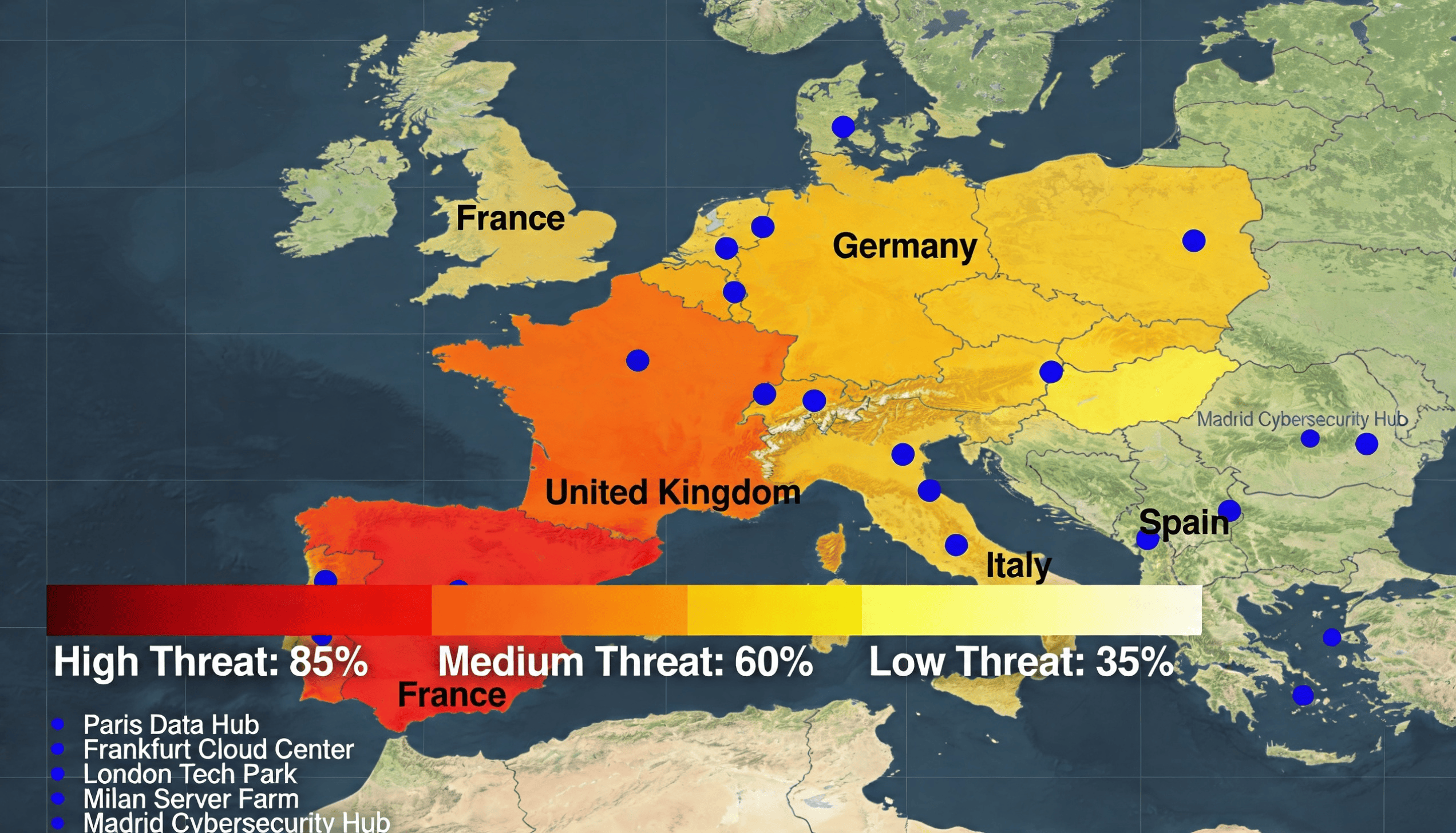 Mapa de calor de amenazas de red y centros de datos para prevenir ciberataques en Europa.