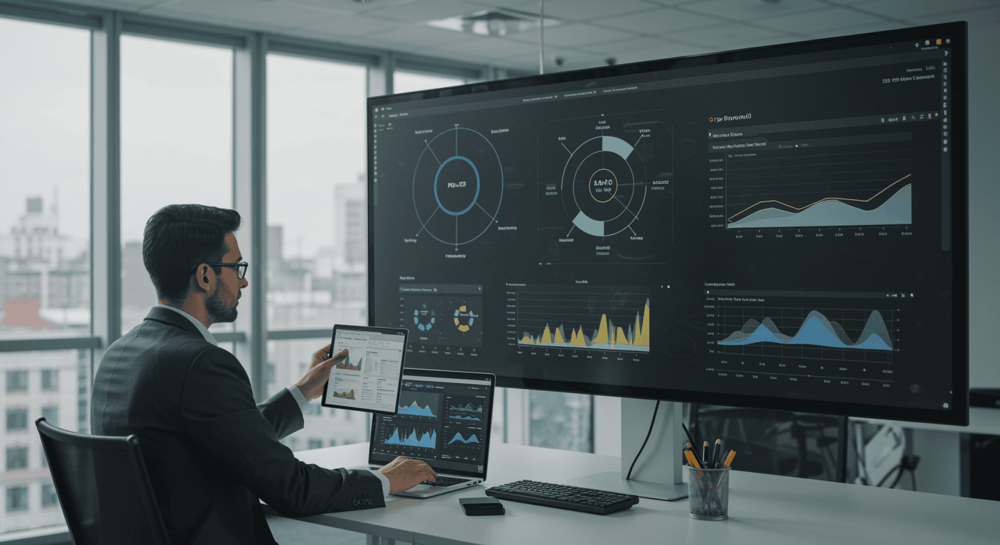 Profesional analizando modelos de datos complejos utilizando Power BI con IA y Copilot en un entorno corporativo.