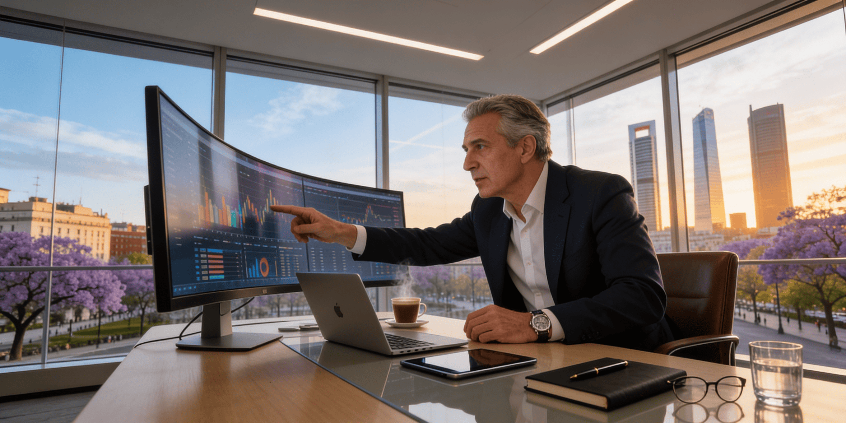 magnific_fotografia-corporativa-pr_2938384502 Cuadro de mando ejecutivo mostrando un dashboard financiero Power BI con métricas de rentabilidad.