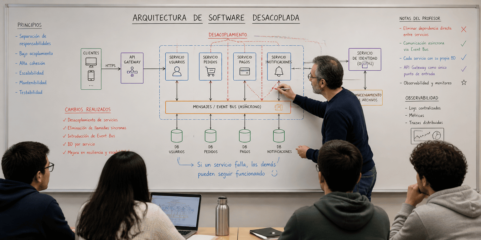 Diagrama de arquitectura de software desacoplada ilustrando el proceso de testing QA en microservicios avanzados.