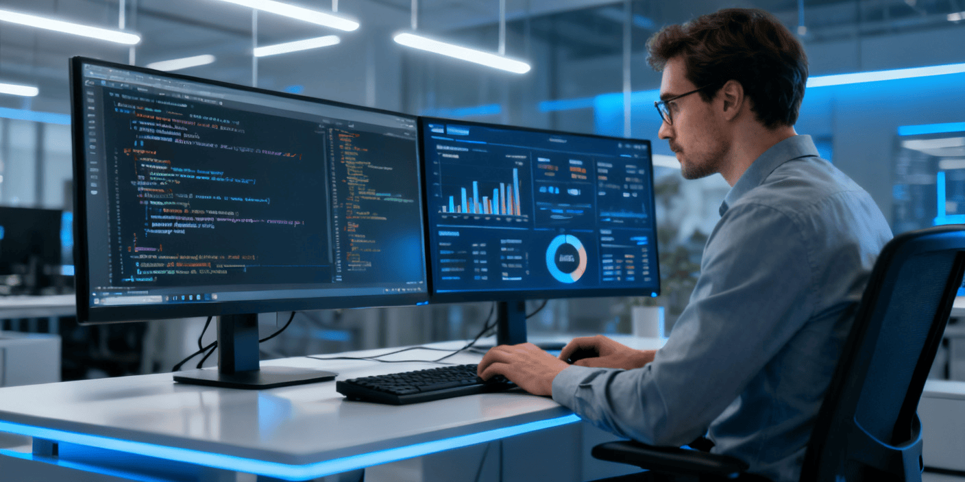 Profesional analizando código y métricas de software para entender qué es QA en un entorno empresarial tecnológico.
