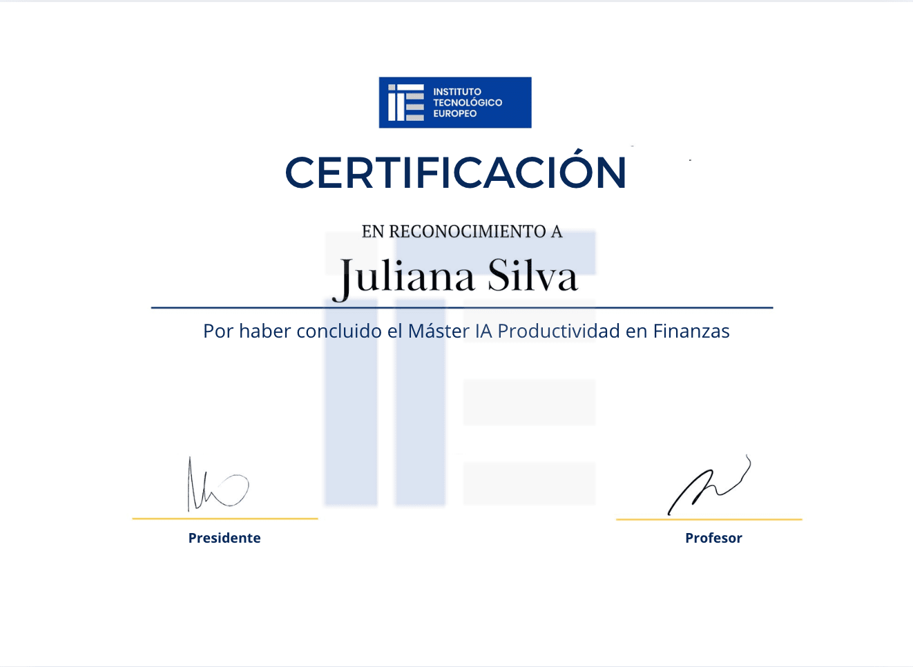 Certificado ITE Máster IA Productividad para Finanzas certificado de curso de IA
