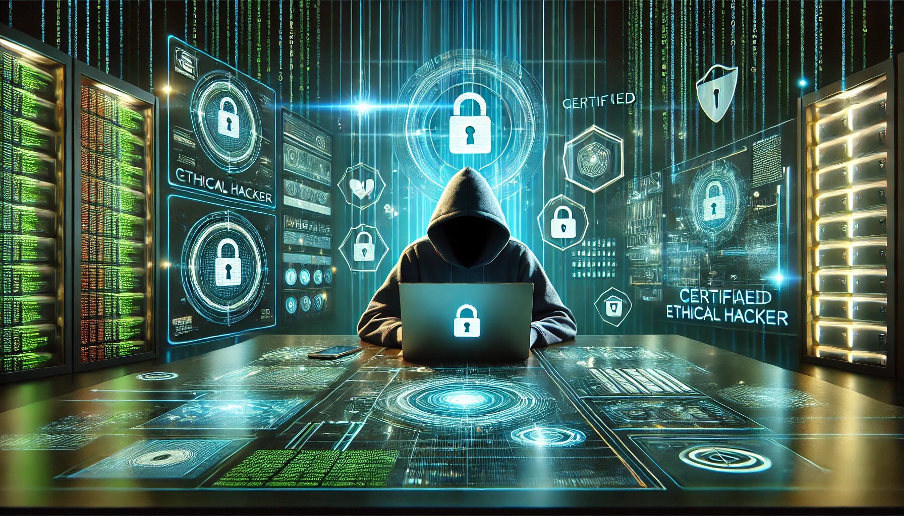 Hacker ético trabajando en un entorno futurista con gráficos de ciberseguridad mientras estudia la certificacion CEH v13 y el texto Certified Ethical Hacker