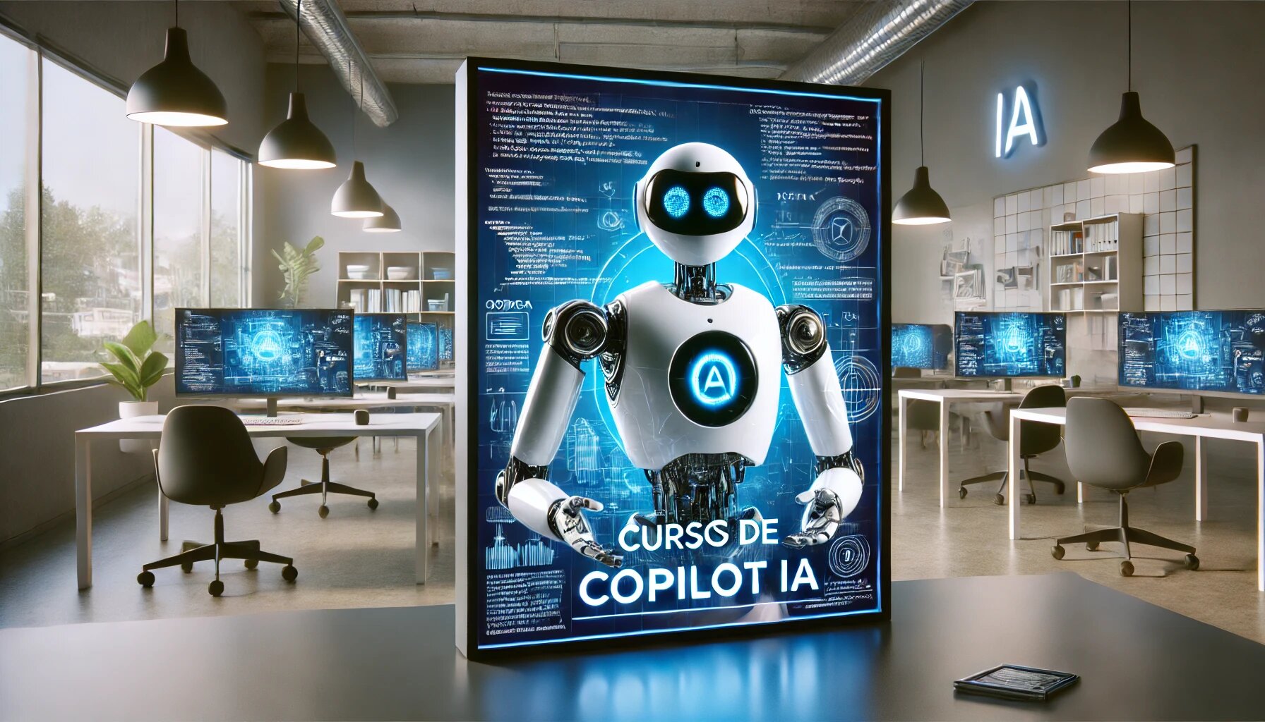 Robot futurista representando la inteligencia artificial en un aula moderna con el texto 'Cursos de Copilot IA